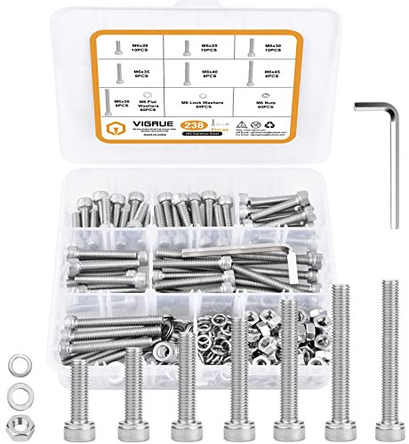 VIGRUE 238 Stück M6 Zylinderschrauben mit Innensechskant DIN 912 (ISO 4762) Vollgewinde Zylinderkopfschrauben aus Rostfreiem Edelstahl A2-70 Gewindeschrauben mit Muttern und Unterlegscheiben