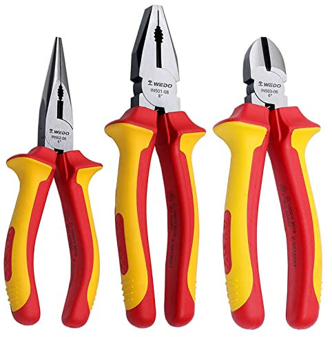 WEDO - 3 tlg isolierten Zangen Set - Kombizange 8, Spitzzange 6 und Seitenschneider 6 - 1000V isoliertes Professional Elektro Werkzeuge Set - Ergonomischer Griff