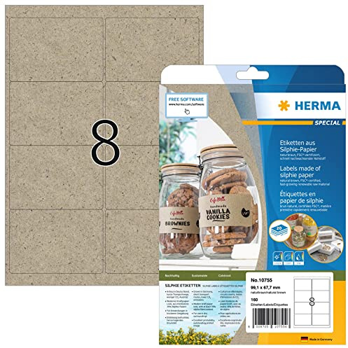 HERMA 10755 adressetiketter av gräspapper, 20 ark, 99,1 x 67,7 mm, 8 per A4-ark, 160 stycken, självhäftande, tryckbara, matt, blankt silfipapper adressklistermärken etiketter, naturbrun