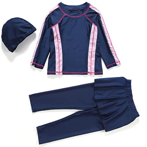 Mädchen Bescheidene Muslimische Bademode Burkini UPF 50+ Langarm Top Shirt Hose Badekappe Islamischer Hijab Kinder Modest Badeanzug Islamische Schwimmanzug UV Schutz Anzug Marineblau +Rose 11-12 Jahre