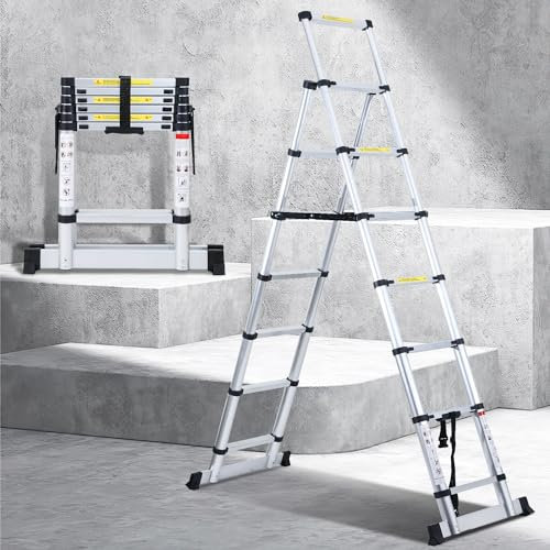 Yakimz Teleskopleiter 1,7m+2,0m, Aluminium Anti-Rutsch Leiter Ausziehbar, Mehrzweckleiter, Klappleiter A-Rahmen 5 + 6 Stufen, für Wände streichen Dachreparaturen, bis 150KG, Silber