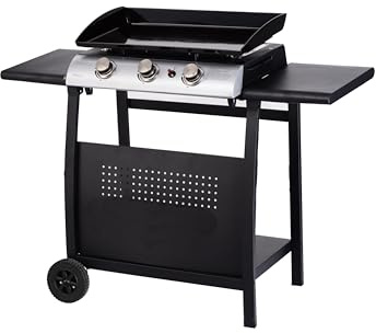 Gas BBQ 3 Burner Plancha Flat top Griddle in Stainless Steel with Stand and Side Tables