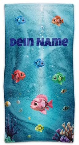 Print Royal PR Kinder-Handtuch mit Name personalisiert - Fische, Geschenk für Mädchen und Jungen, Handtuch Personalisieren | 70 x 140 cm