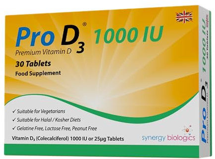 Pro D3 1000 IU Tablets | Premium Vitamin D3 | 30 Tablets | Gelatine Free, Lactose Free, Dairy Free, Nut Free | Suitable for Vegetarians, Halal & Kosher Diets | Made in The UK