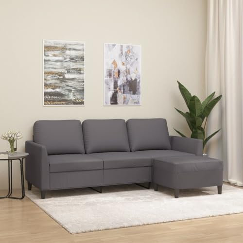 Somanki 3-Sitzer-Sofa mit Hocker Grau 180 cm Kunstleder, Loungesofa, Sofas & Couches, Relaxsofa, Couch für Wohnzimmer, 3201124