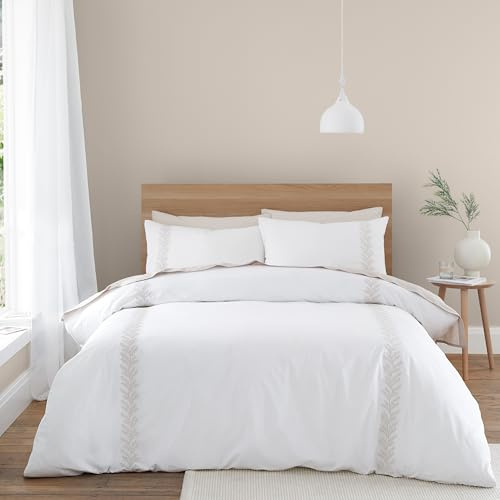 Bianca Embroidery Leaf 180 Thread Count Cotton Single Duvet Cover Set with Pillowcase Natural