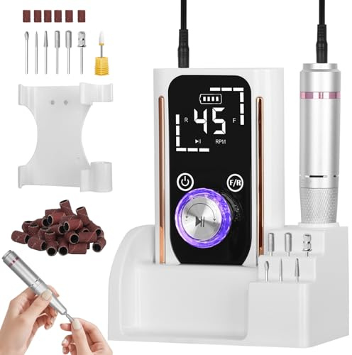 Bindokun 45000RPM Electric Nail Files for Acrylic and Gel Nails, Professional Nail Drill Machine Rechargeable E File Manicure Pedicure Set with 45 Speeds, LED Breathing Display, F/R Rotation