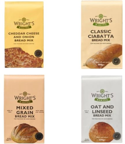 Wright's Baking Bread Mix 500g – Mixed Grain, Ciabatta, Oat & Linseed, Cheddar & Onion – 4 Flavour Selection Pack (NP)