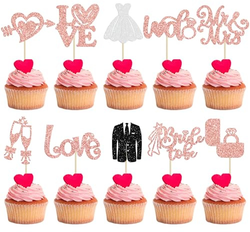 Ephlyn 30Pcs Bride to be Cupcake Toppers Glitter Wedding Cake Topper Decorations I Do Love Heart Ring Cupcake Picks for Bridal Shower Wedding Engagement Party Supplies Rose Gold