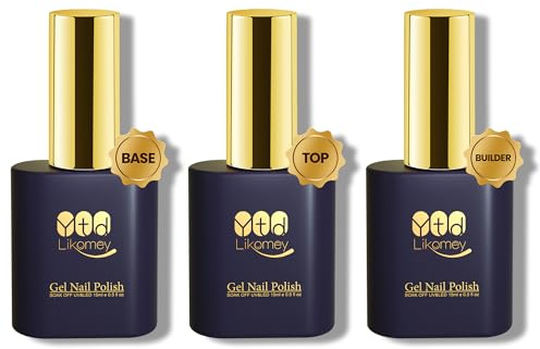 YTD Likomey 15ml Base y Top Coat Gel Constructor 3pcs Kit,Esmalte Semipermanente de Uñas en UV LED, Transparente No Wipe Capa Superior y de base Builder Gel Esmaltes de Uñas
