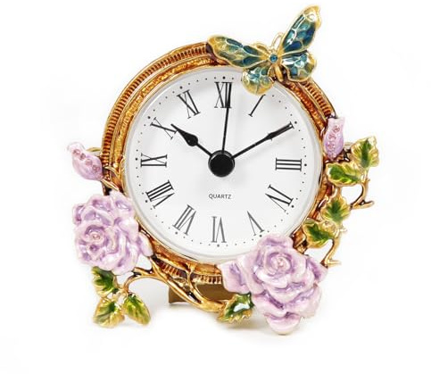 bordorsse Vintage Floral Tabletop Clock, Decorative Metal Frame with Pink and Green Flowers, Roman Numerals