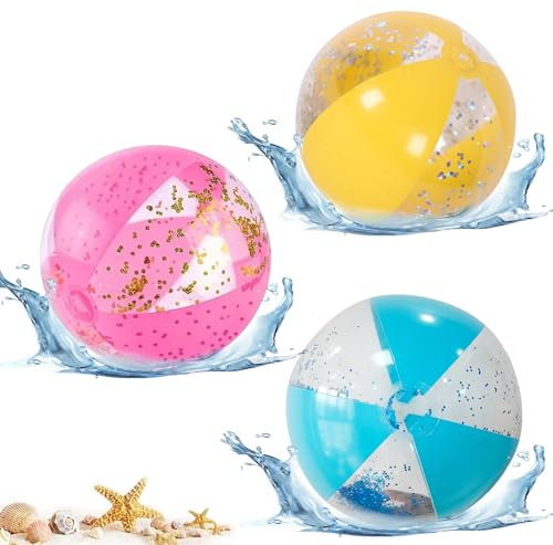 LUMOOM 3 palline gonfiabili con glitter, pallanuoto gonfiabili, grandi palloni da spiaggia gonfiabili, per feste in piscina, 40 cm, per attività estive all'aperto (traslucido)