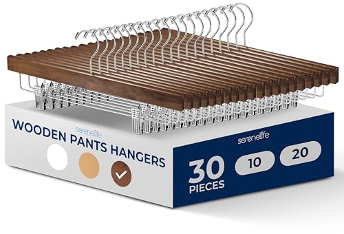 Serenelife Cintres Bois à Pinces - Cintres Pantalons, Jupes, Jeans, Uniformes - Gain de Place, Crochets Pivotants 360°, Pinces Réglables, Finition Bois Marron, Lot de 30