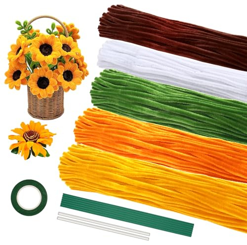 Sonnenblumen Pfeifenreiniger Blumen Set-mit 400 Stück Pfeifenreiniger 5 Farben,20 Grün Basteldraht,zur Herstellung von Sonnenblumen und Pfeifenputzer zum Basteln Handgefertigten Dekorationen