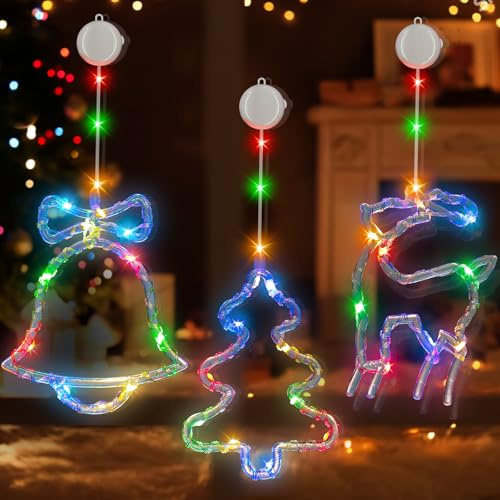 Jixviqi LED Weihnachtsdeko Fenster，3 Stück 36LED Weihnachtsdeko Innen Batteriebetriebene mit Timer 2 Modi Lichtervorhang Weihnachtsbaum Elch Glocke für Weihnachten Deko Balkon Party Hochzeit Bunt