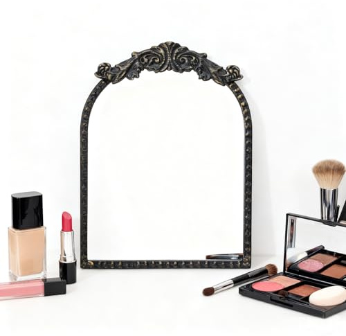 Vintage Makeup Mirror,Metal, 12.1x9.8 Antique Gold Vanity Mirror, Arched Standing Tabletop Mirrors for Dresser, Baroque Ornate Decor for Desk Living Room,Bedroom (Balck)