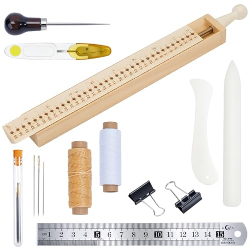 BENECREAT 27cm/10.6 Inch Wood Bookbinding Punching Tool Kit, Bookbinding Kit with Waxed Thread, Needle, Binder Paper Clips, Awl and Cradle for DIY Crafts and Sewing Supplies