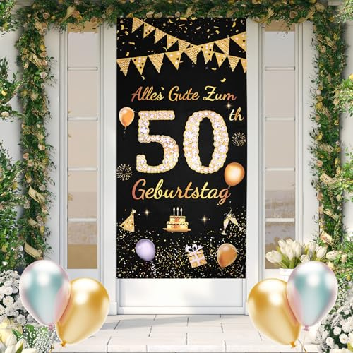 ANOMM 50.Geburtstag Banner Schwarzes-Gold, Happy Birthday Banner | 50.Geburtstag Dekoration für Drinnen und Draußen, Vertikal Extra Groß Party Geburtstagsdeko Hintergrund (180 x 90 cm)