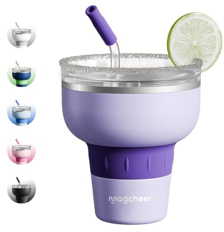 magcheer 16 oz Cocktail Tumbler with Lid and Straw - Stainless Steel Insulated Margarita Tumbler - 320° Sippable Stemless Wine Cup for Party | Purple