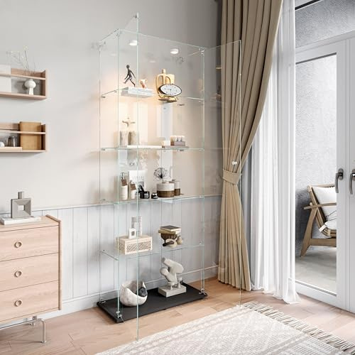 FCSQIU glasvitrinskåp, stående vitrinskåp, svart med LED, 5 våningar, 2 dörrar, full vy vitrinskåp, vitrinskåp för vardagsrum, glasvitrinskåp, displayskåp (svart B)