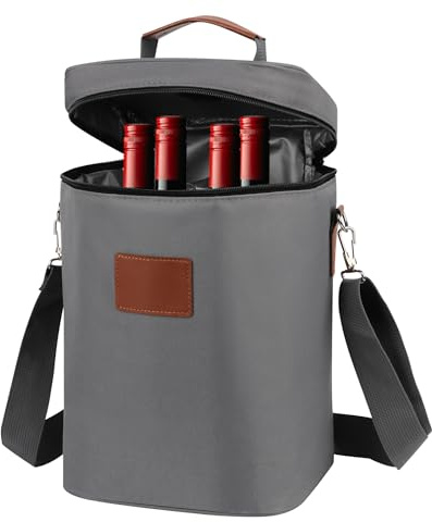 Insulated Wine Cooler Bag,4 Bottle Wine Tote Carrier,Portable Wine Carrier Gift bag with Shoulder Strap ,Champagne Cooler bag for Travel, Party, Christmas,Beach Travel Picnic (4 bottle grey)