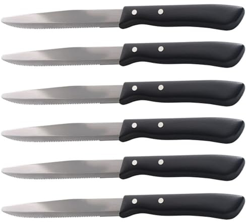 Set 6 Coltelli Bistecca e Pizza Professionali in Acciaio Inox AISI 420 Made in Italy con Lama Seghettata e Manico Chiodato in Polipropilene Nero Alta Resistenza uso professionale o domestico