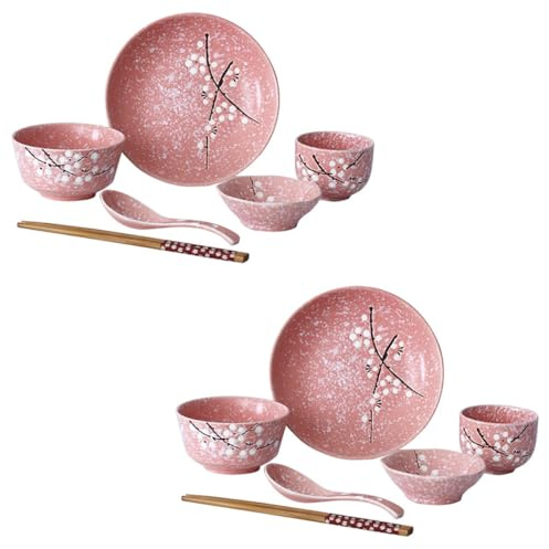 COLLBATH Juego de Vajilla Japonesa 12 Piezas para Hogar de Cerámica Rosa Diseño Delicado, Adecuado para Cenas y Uso Diario o Restaurante
