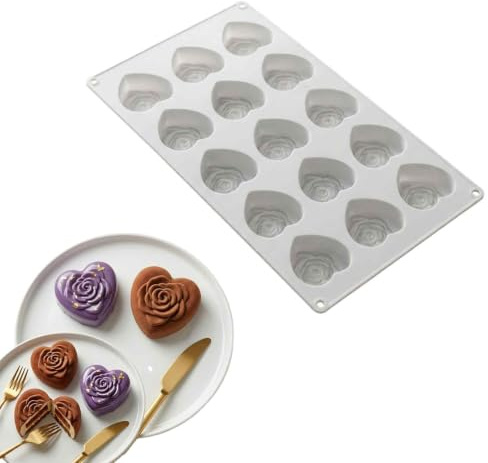Stampo in Silicone per Dolci a Forma di Cuore e Rosa, Stampi per Cioccolato, Stampi Silicone, Teglia per Mousse, Cioccolato e Semifreddi, per San Valentino e Anniversari, Colore Bianco, Dimensioni