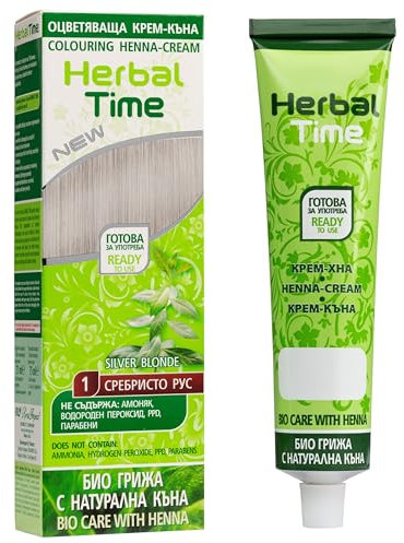 Herbal Time Henna Natural Colorante en Crema Color Rubio Plata Nº 1 | Henna Pelo | Cubre Canas | Crema Tinte Coloración Temporal | Sin Amónico, Sin Sulfatos y Sin Parabenos | Henna Pelo Rubio | 75 ml