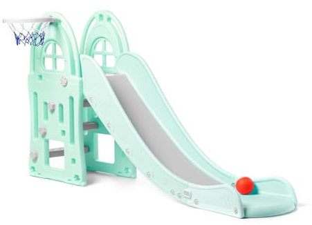 Tobogán XL - Azul - Gran Tobogán para niños y niñas Ideal para Interior y Exterior, tobogán Plegable con Canasta de Baloncesto y Pelota