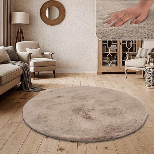 Paco Home Hochflor Teppich Wohnzimmer Schlafzimmer Shaggy Modern Flauschiger Fellteppich Weich Fell Imitat Kunstfell Einfarbig, Grösse:120 cm Rund, Farbe:Beige