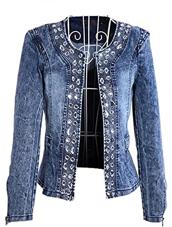 FLLLYQ Chaquetas para Mujer,Chaqueta De Mezclilla De Cuello Redondo Casual, Chaqueta De Mezclilla Delgada De Talla Grande, Chaqueta De Cárdigan Elegante con Pedrería para Damas, como Imagen, S