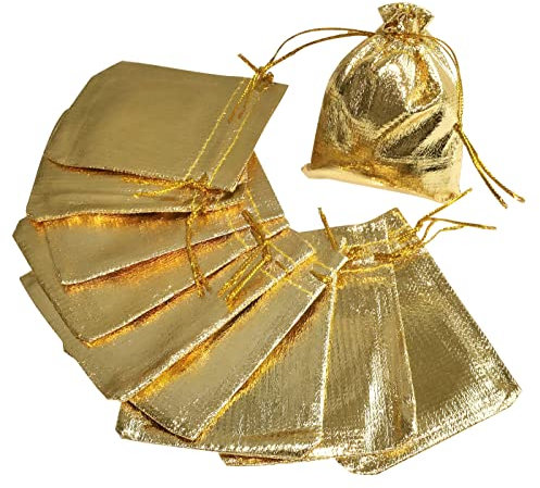 AERZETIX - C53816 - Juego de 10 bolsitas para joyas/bolsas de regalo/joyería/cosméticos 70x90mm - cierre por cordón de sujeción deslizante - color: oro