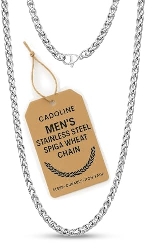 Cadoline Mens Spiga Braided Wheat Chain Necklace Stainless Steel Black, Gold, Silver 3-8mm and 16-26 Inches