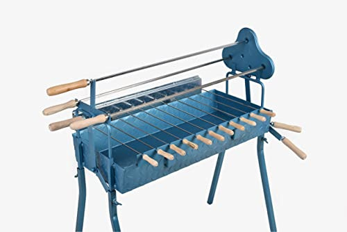 Food From Cyprus Griechisch-zypriotischer tragbarer Holzkohlegrill BBQ Grill Rotisserie Foukou höhenverstellbar mit Hebehebelmechanismus Modell B, Blau
