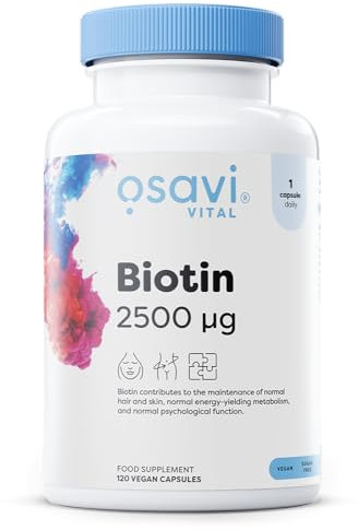 Osavi Biotin 2,500 μg – 120 Vegan Capsules | Essential Beauty Vitamin for Healthy Hair, Skin & Nails | Supports Metabolism & Nervous System | Clean Label | Vegan–Friendly