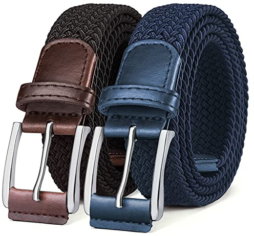 BULLIANT Elastischer Flechtgürtel 2er, Gürtel Herren Damen Stoffgürtel Geflochten Stretchgürtel Golfgürtel 35mm(Schwarz/Antikblau-105cm/30-34 taille verstellbar)