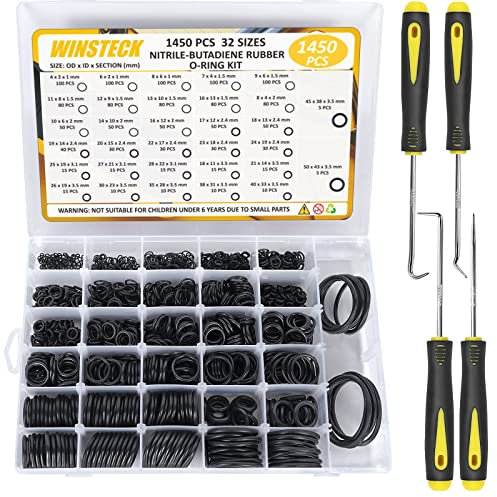 WINSTECK 1450 PCS 32 Size Rubber O Ring Set, O Ring Assortment Kit with Pick & Hook Set, Universal Rubber Pressure Washer O Rings Kit for Hose, Faucet, Automotive, Air and Gas Sealing Repair