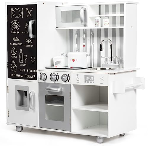 DREAMADE Kinderküche mit Licht und Sound, Kinderspielküche mit Spüle Herd Kühlschrank Backofen, Holzküche Spielzeugküche, Spielküche aus Holz mit Zubehör für Kinder ab 3 Jahre