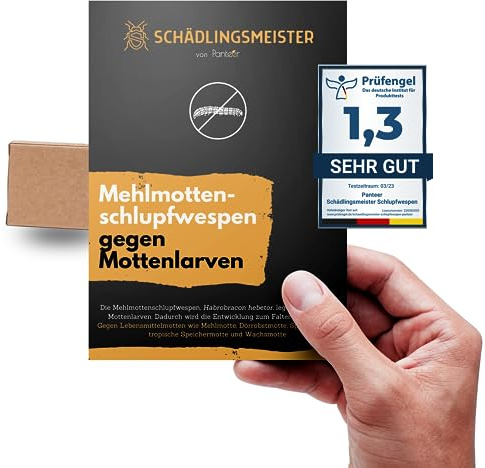 SCHÄDLINGSMEISTER Mehlmottenschlupfwespen gegen Mottenlarven - 30 Nützlinge - Motten bekämpfen - Schlupfwespen gegen Lebensmittel und Kleidermotten Larven - Made IN Germany (4 Einheiten)