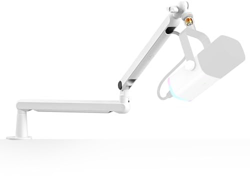 FIFINE Microphone Stand, Mic Boom Arm Stand, Low Profile Podcast Scissor Suspension Stand with Desk Mount, Cables Channels Management, Metal Arm Stand for Recording, Streaming, Gaming-BM88 White