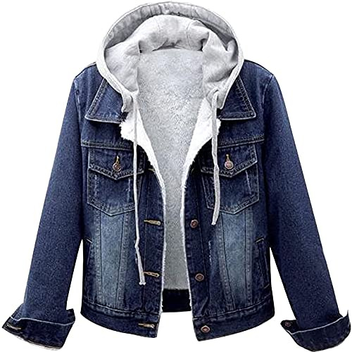 L9WEI Vestes en jean délavé rembourrées pour femmes, décontractée, avec manches longues, capuche, bleu foncé, L
