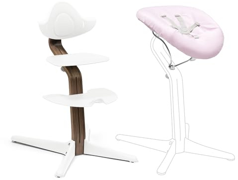 Sedia Stokke Nomi (Walnut/Bianco) + Newborn Set (Bianco/Grey Pink) - Include una cintura di sicurezza a 5 punti e un set di tessuti reversibili e lavabili - Sostiene fino a 150 kg