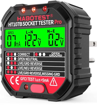 Outlet Tester Electrical GFCI Receptacle Detector with LCD Display, 90-250V Power Socket Tester, Circuit Polarity Voltage Detector, Plug Tester Breaker Finder 6 Visual Indication CAT II 300V (US Plug)