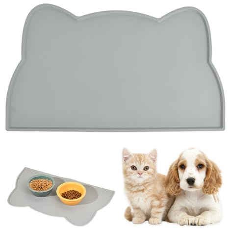 SYEYCW 1 Stück Napfunterlage Silikon Katzen und Kleine Hunde, rutschfeste Katzen und Hundefuttermatte Tierfuttermatte, wasserdichte Haustier Futtermatten, Dunkelgrau Napfunterlage Katzen, 46×25 cm