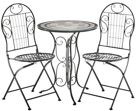 Kobolo Sitzgruppe Gartenmöbel Mosaikdekor- 1 Tisch - 2 Stühle - Metall - schwarz