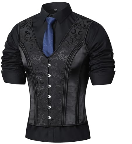 HUAMYTH Men Dress Waistcoat Vintage Corset Vest Lace Up Boned Black Formal Tops Wedding Stage, Black, Medium