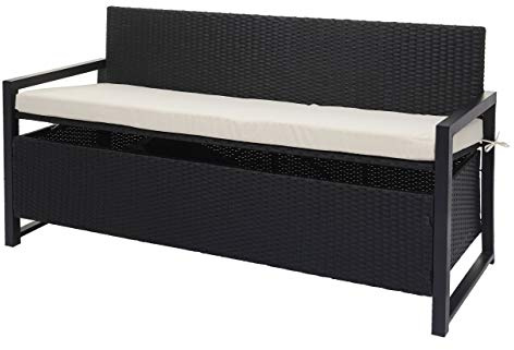 Mendler Poly-Rattan 3er Sitzbank HWC-F39AM - anthrazit, Kissen Creme | Gartenbank, Truhenbank, Staufach, Aufbewahrung, Sitzkissen