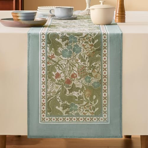 Softalker Tischläufer in Grün - Vintage Blumen Modern Leinenoptik Wasserabweisend Abwaschbar Tischwäsche 40 x 240 cm für Outdoor Hochzeit Party Sommer Dekoration