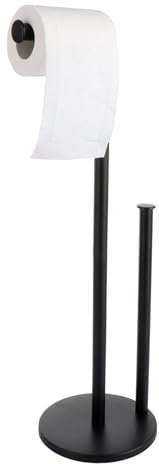 ASelected Toilet Roll Holder Free Standing, 2 in 1 Black Toilet Roll Holder, Floor Standing Toilet Roll Stand for 5 Rolls, Bathroom Stainless Steel Toilet Tissue Roll Dispenser
